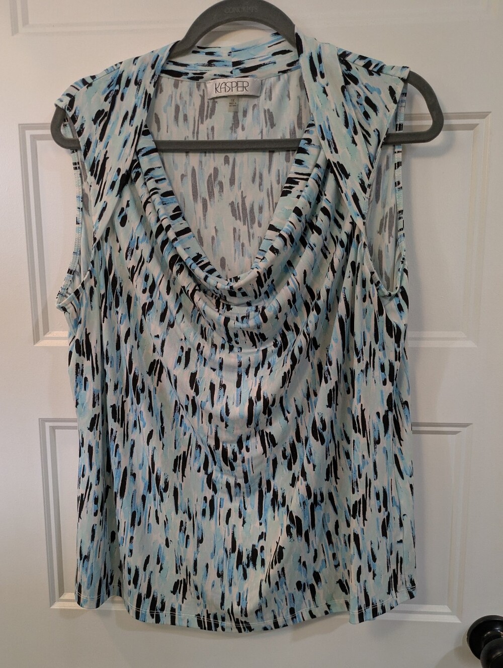 Kasper Sleeveless Cowl Neck blouse in Light Blue, Black & White Print